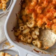 close up of a casserole dish of baked macaroni and cheese