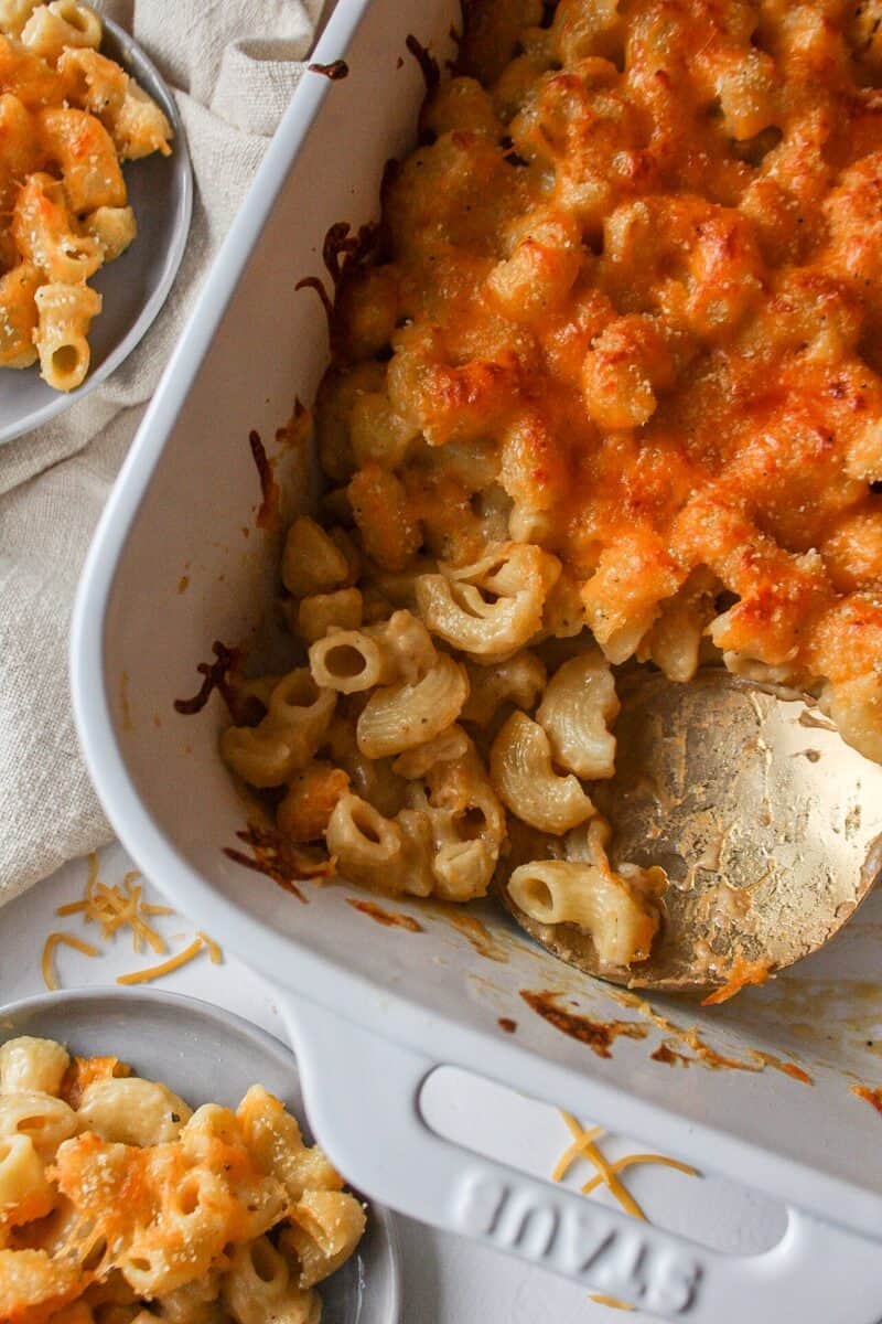 close up of a casserole dish of baked macaroni and cheese