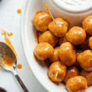 Buffalo chicken meatballs in a platter.