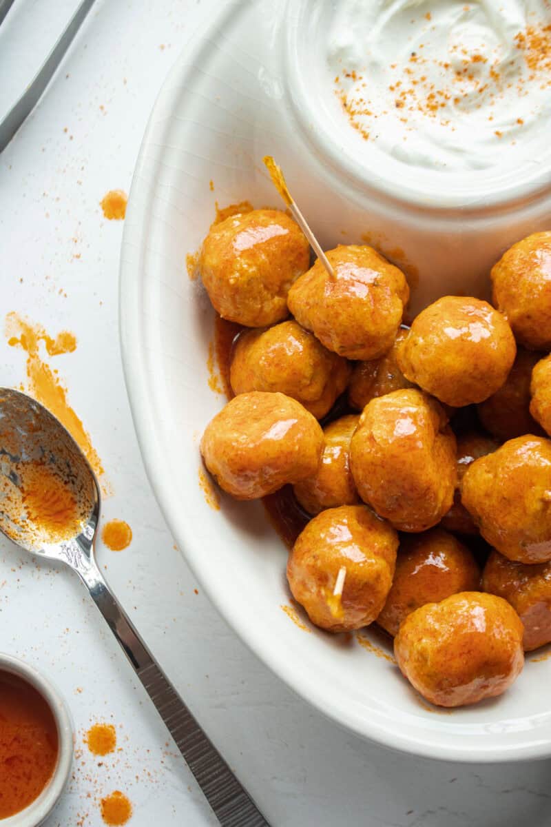 Buffalo chicken meatballs in a platter.