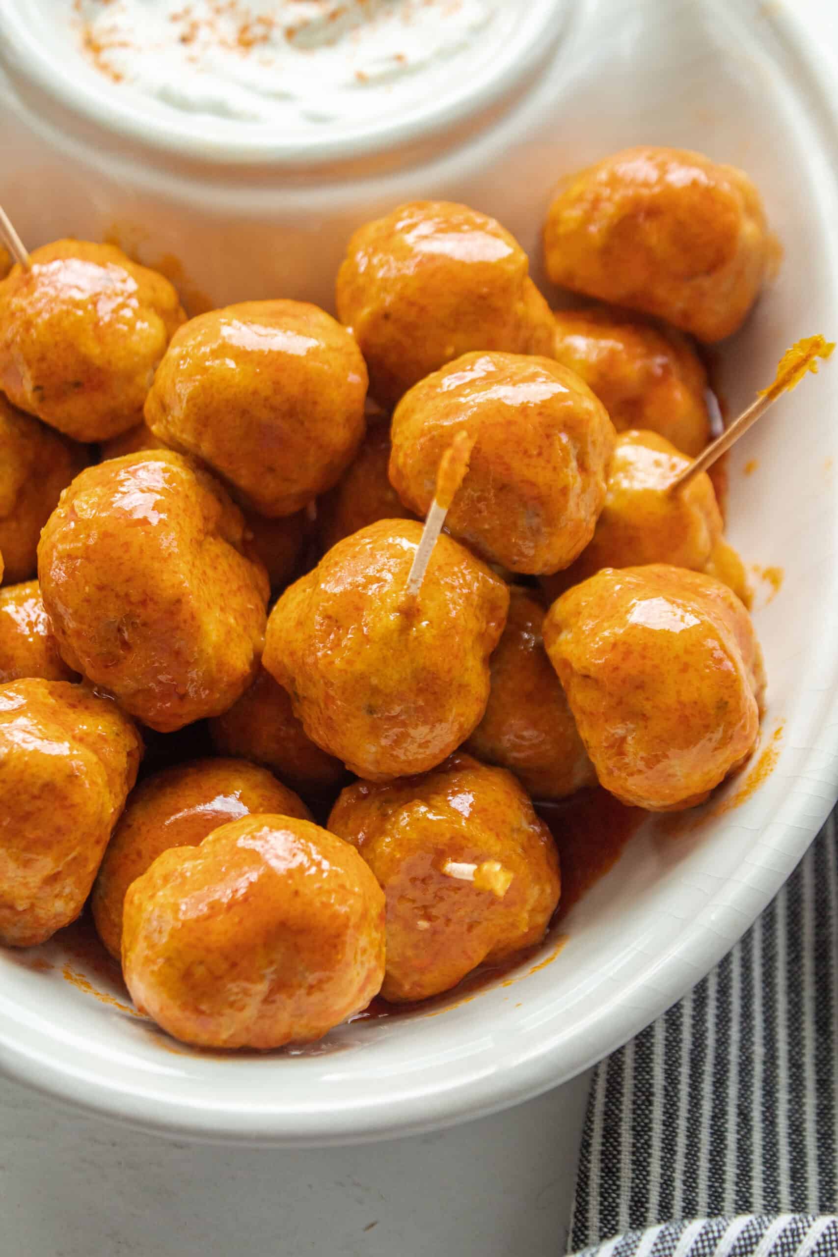Buffalo chicken meatballs in a platter.