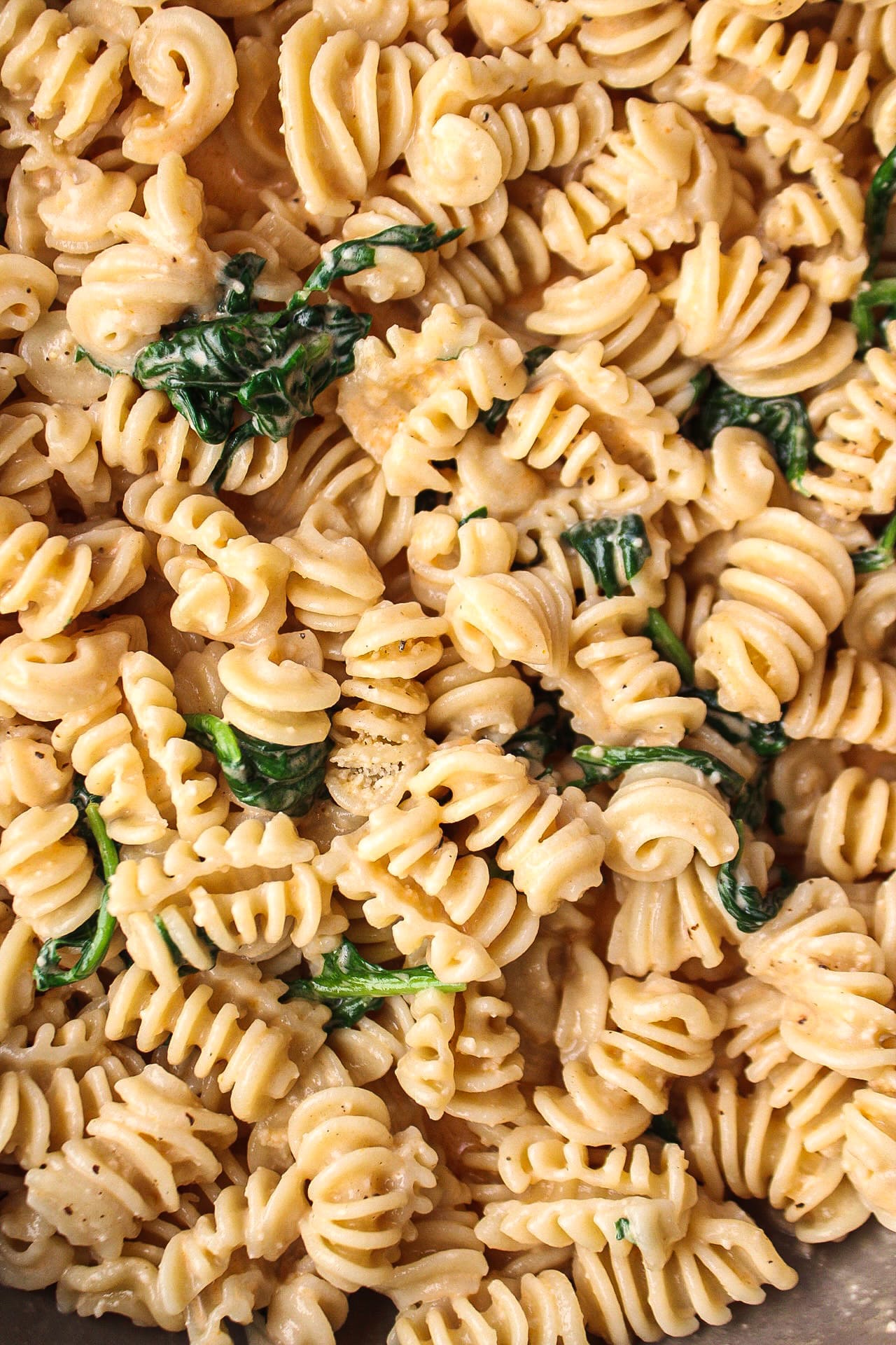 close up of spinach with pasta