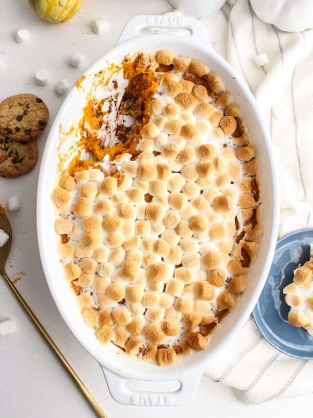 sweet potato casserole with a scoop out