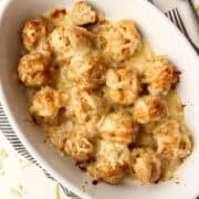 close up of french onion turkey meatballs in a platter