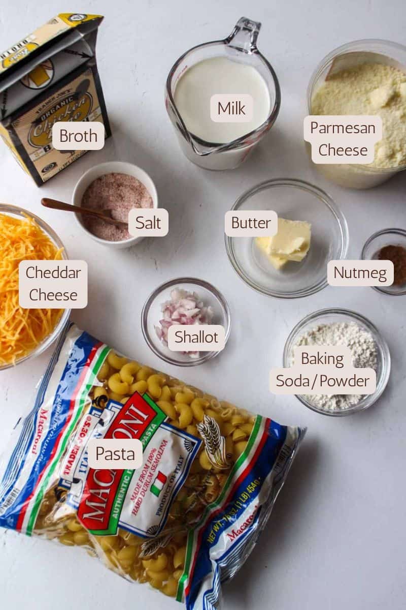 Ingredients to make a baked macaroni and cheese.