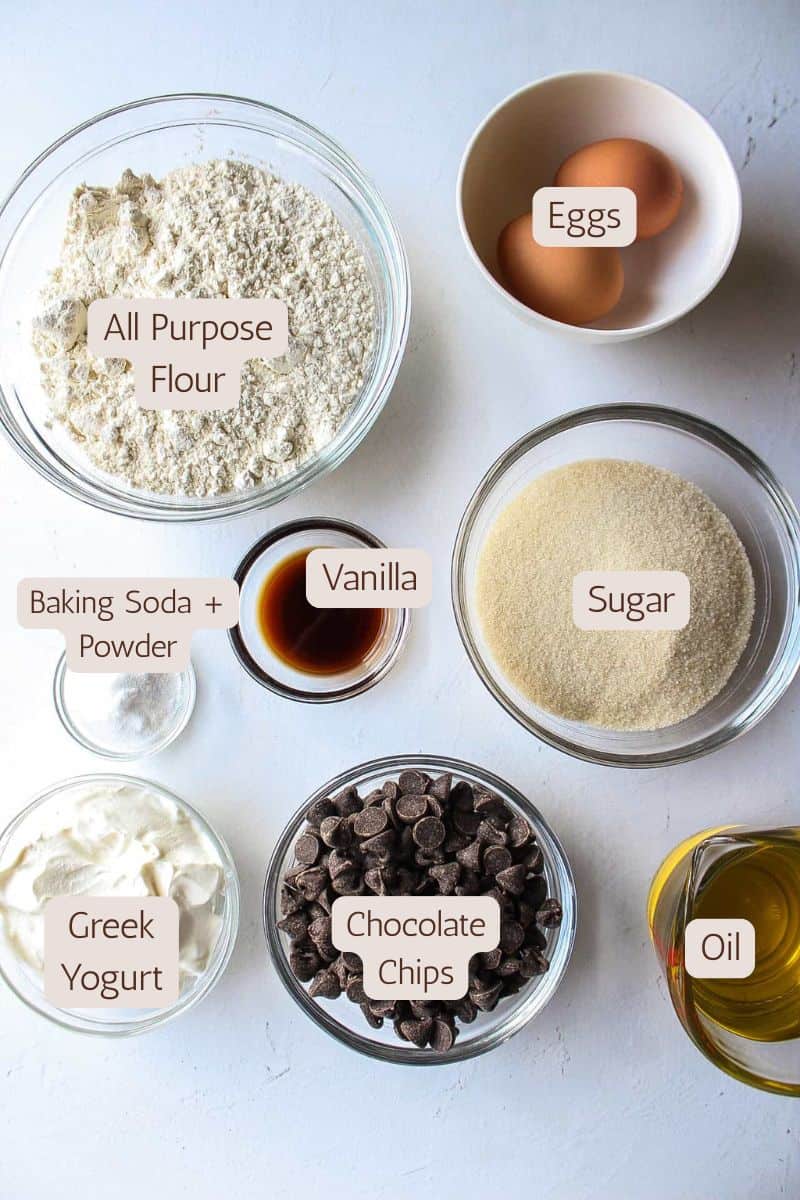 Ingredients to make chocolate chip muffins with greek yogurt.