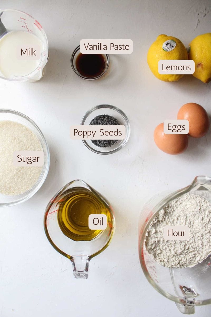Ingredients to make lemon poppy seed muffins.