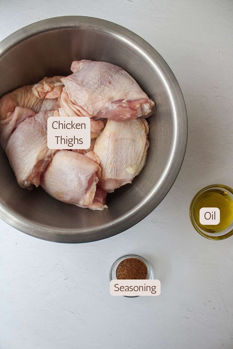 Three ingredients to make oven roasted bone in chicken thighs.