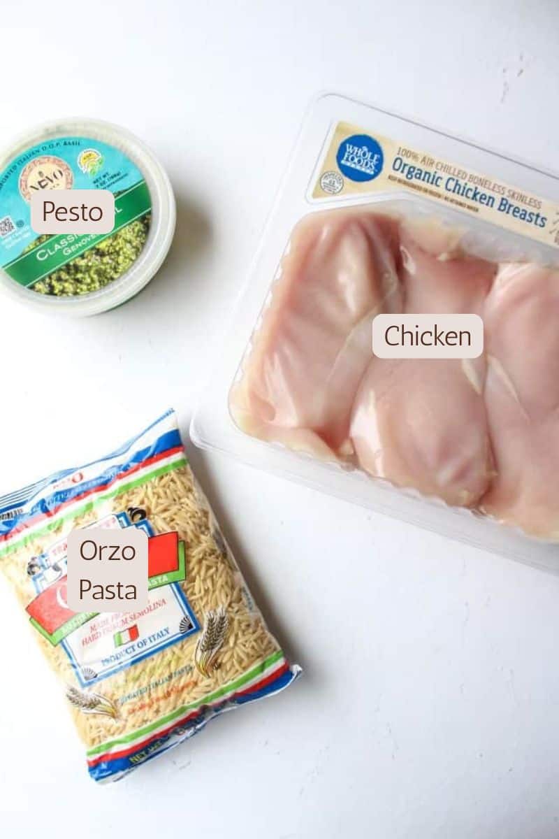Ingredients to make a pesto orzo with chicken.