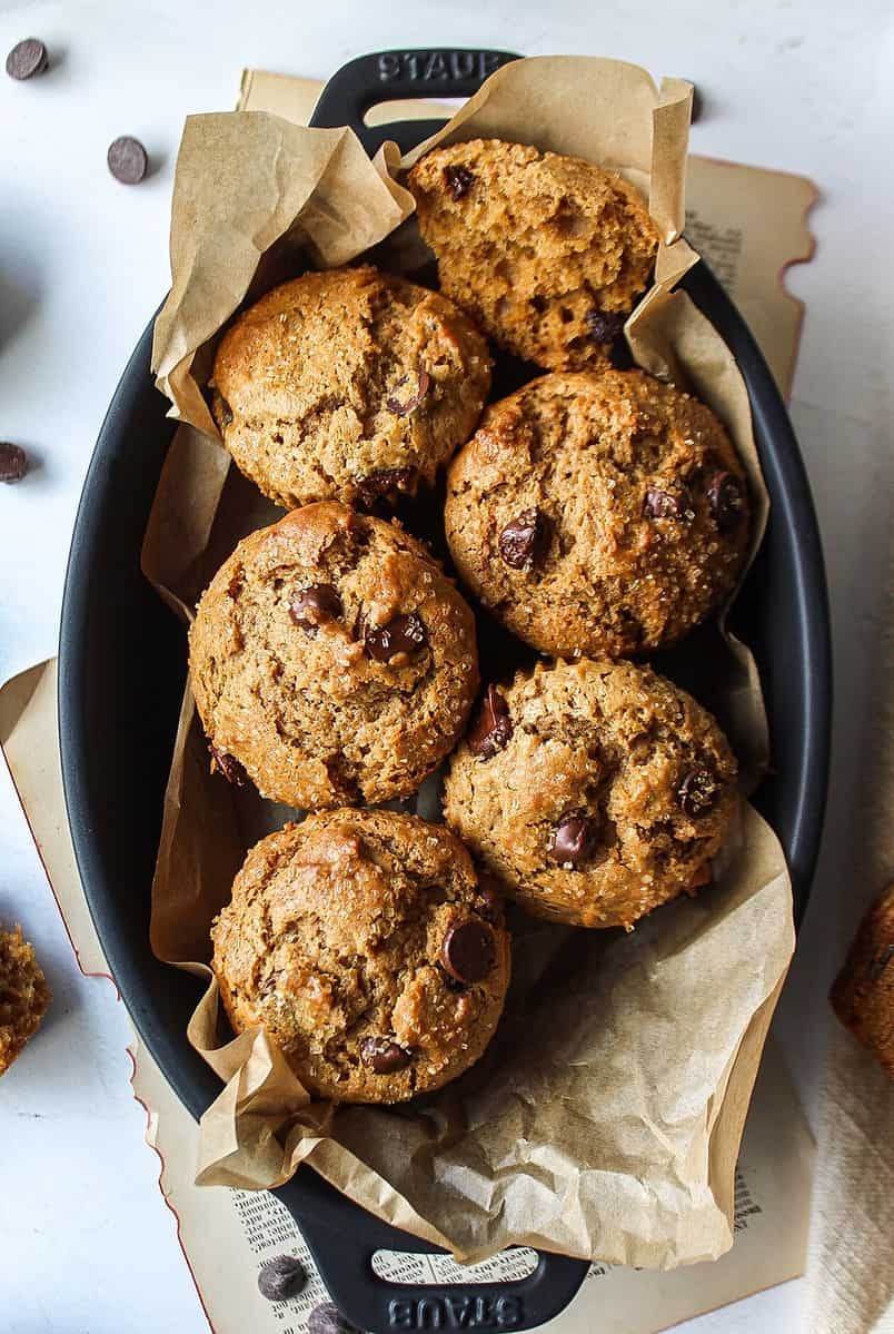 6 sour cream chocolate chip muffins in a black bowl.