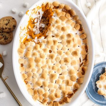 sweet potato casserole with a scoop out