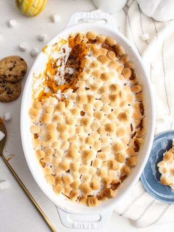 sweet potato casserole with a scoop out