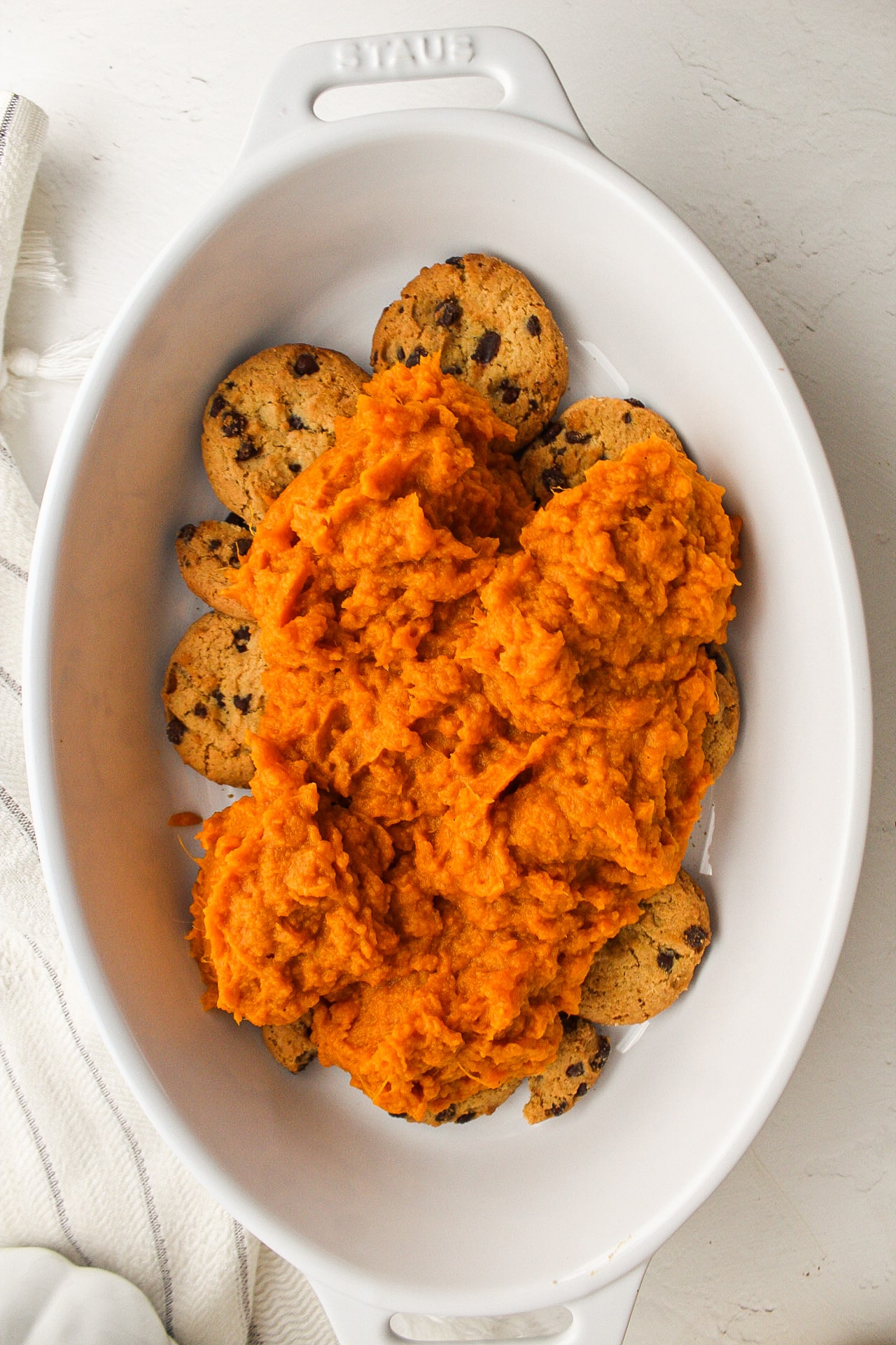sweet potato and cookies in a casserole dish
