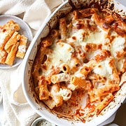 baked ziti in a casserole dish