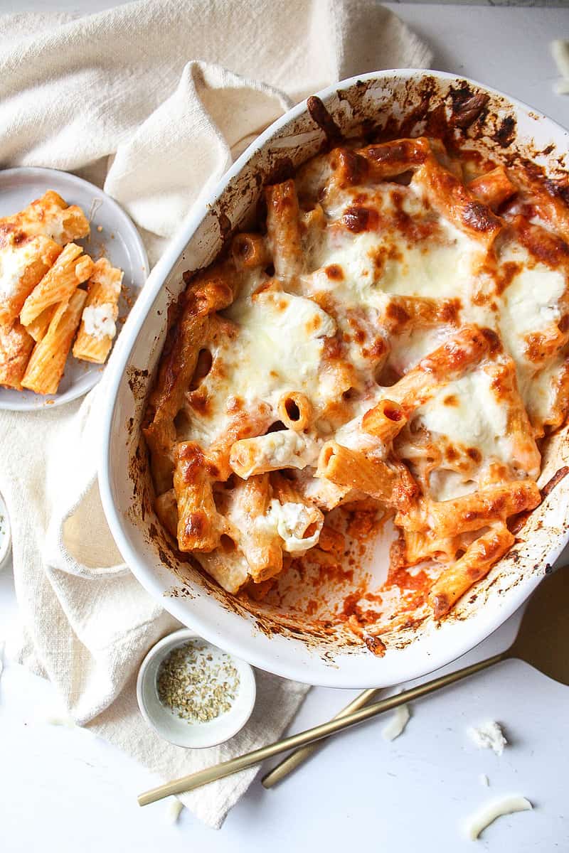 baked ziti in a casserole dish