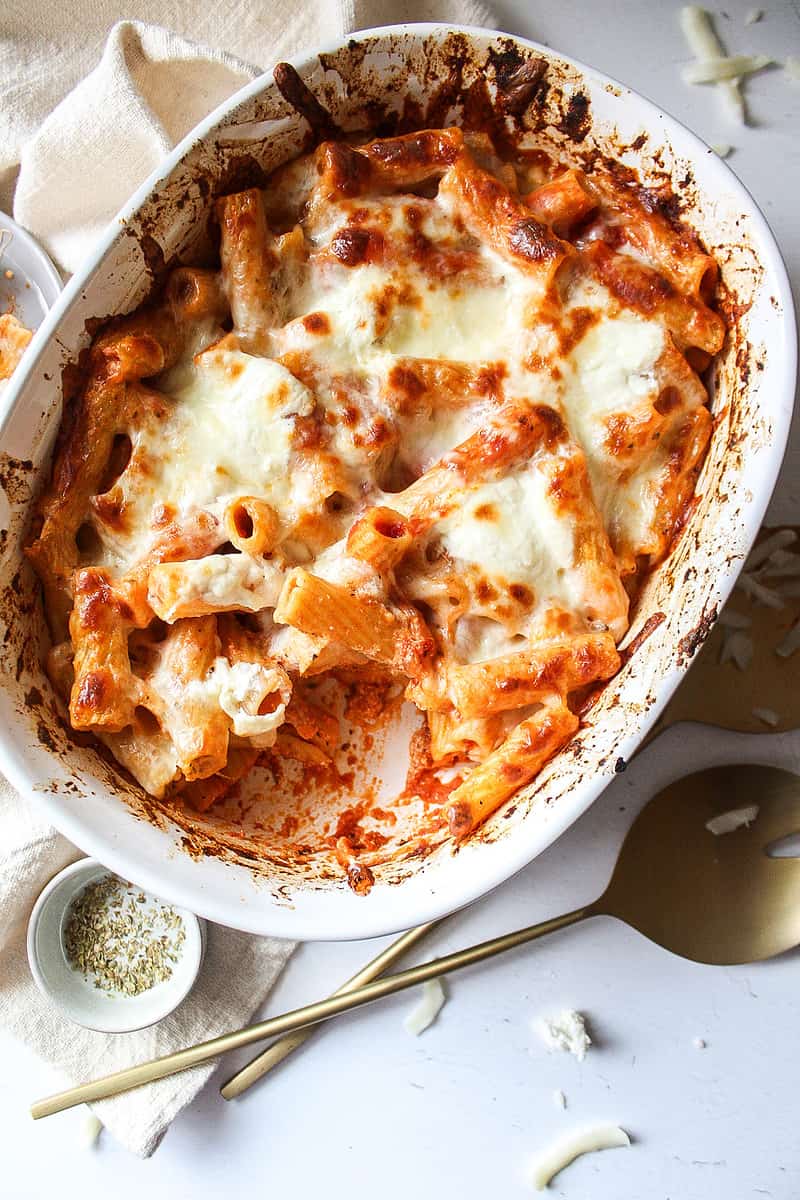 baked ziti in a casserole dish
