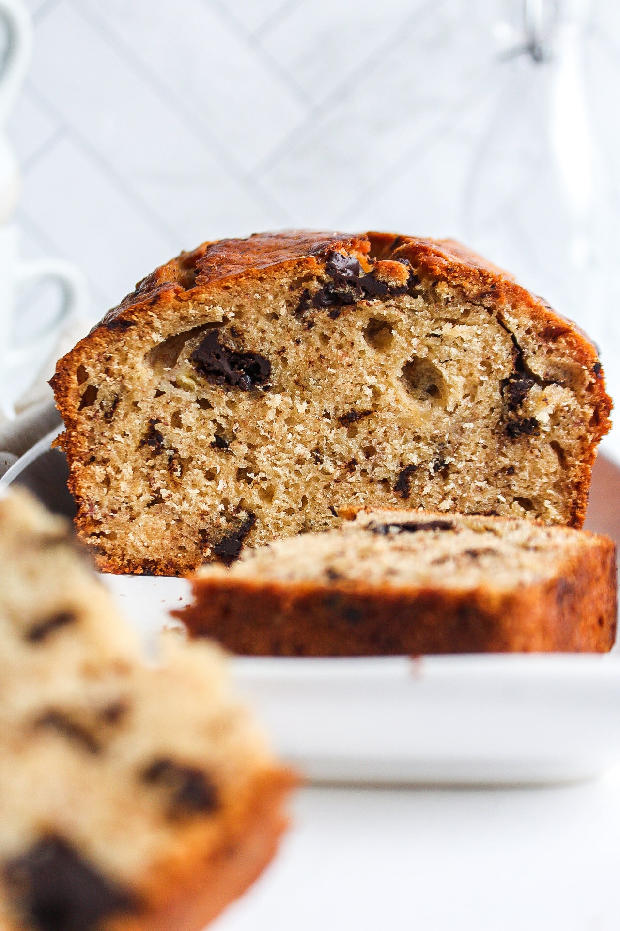 close up of the inside of a banana bread with chocolate