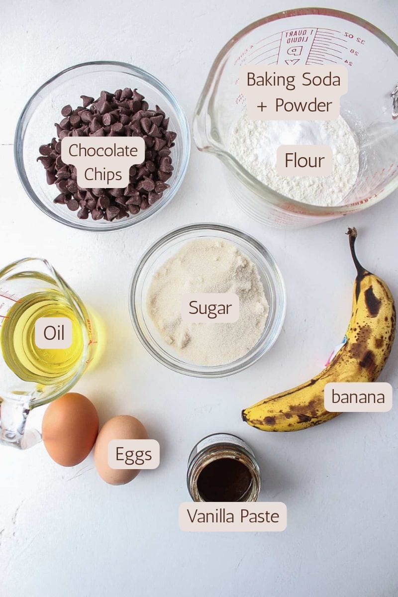 Ingredients to make a one bowl chocolate chip banana bread.