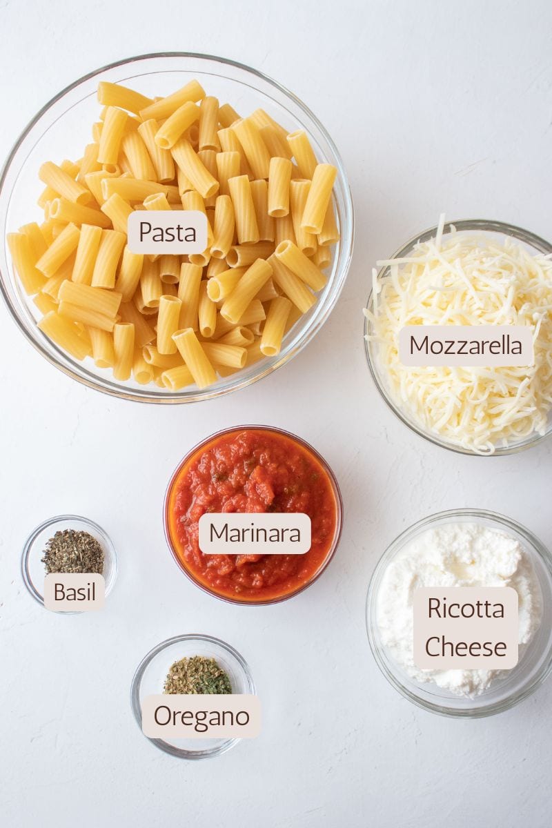 Ingredients to make an easy baked ziti recipe.