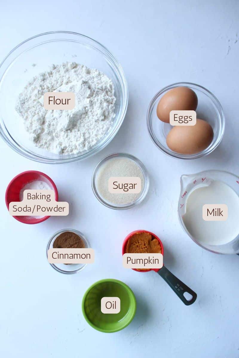 Ingredients to make fluffy pumpkin pancakes.
