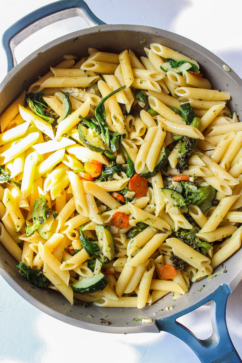 veggies with pasta in a pan