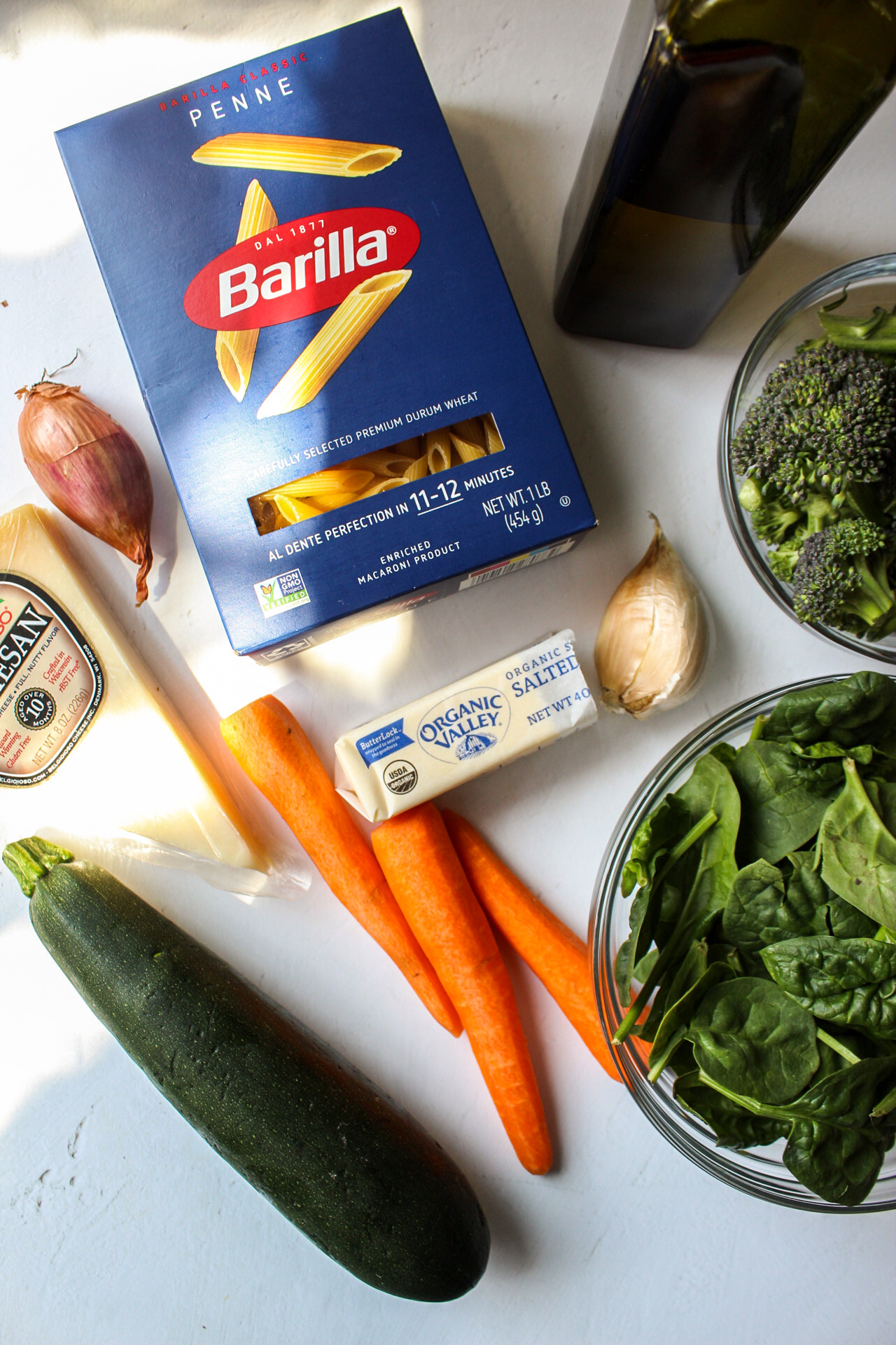 ingredients for a pasta dish with veggies