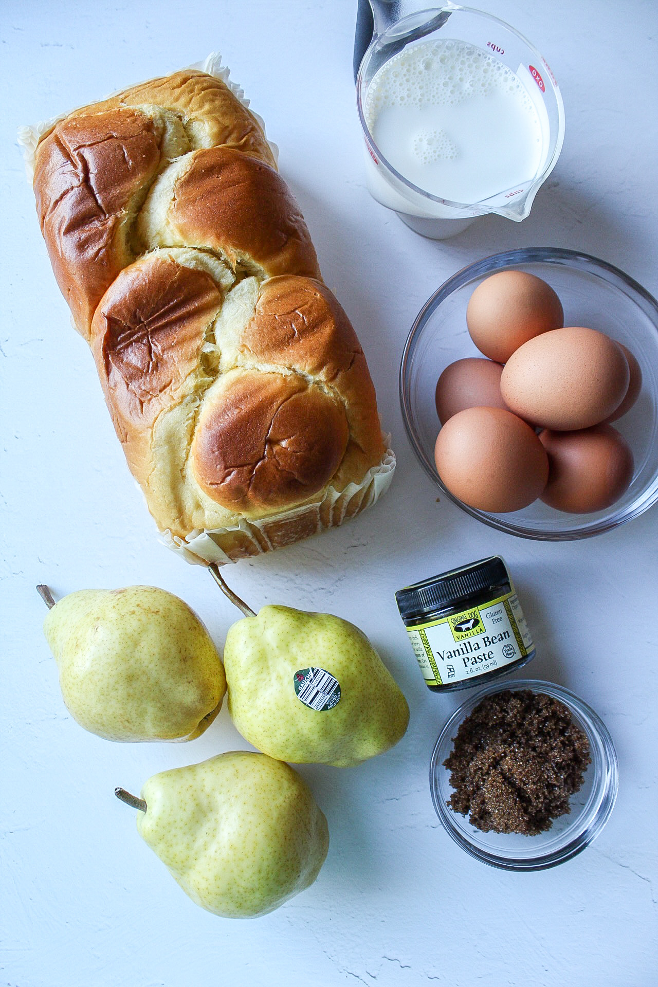 ingredients for a pear and brown sugar french toast casserole