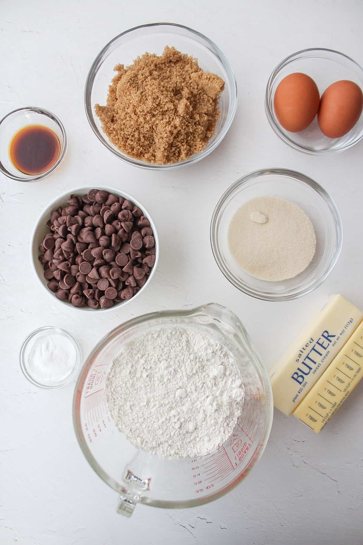 ingredients to make brown butter chocolate chip cookies.