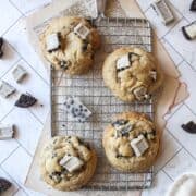 cookies and cream cookies on a cooling rack.