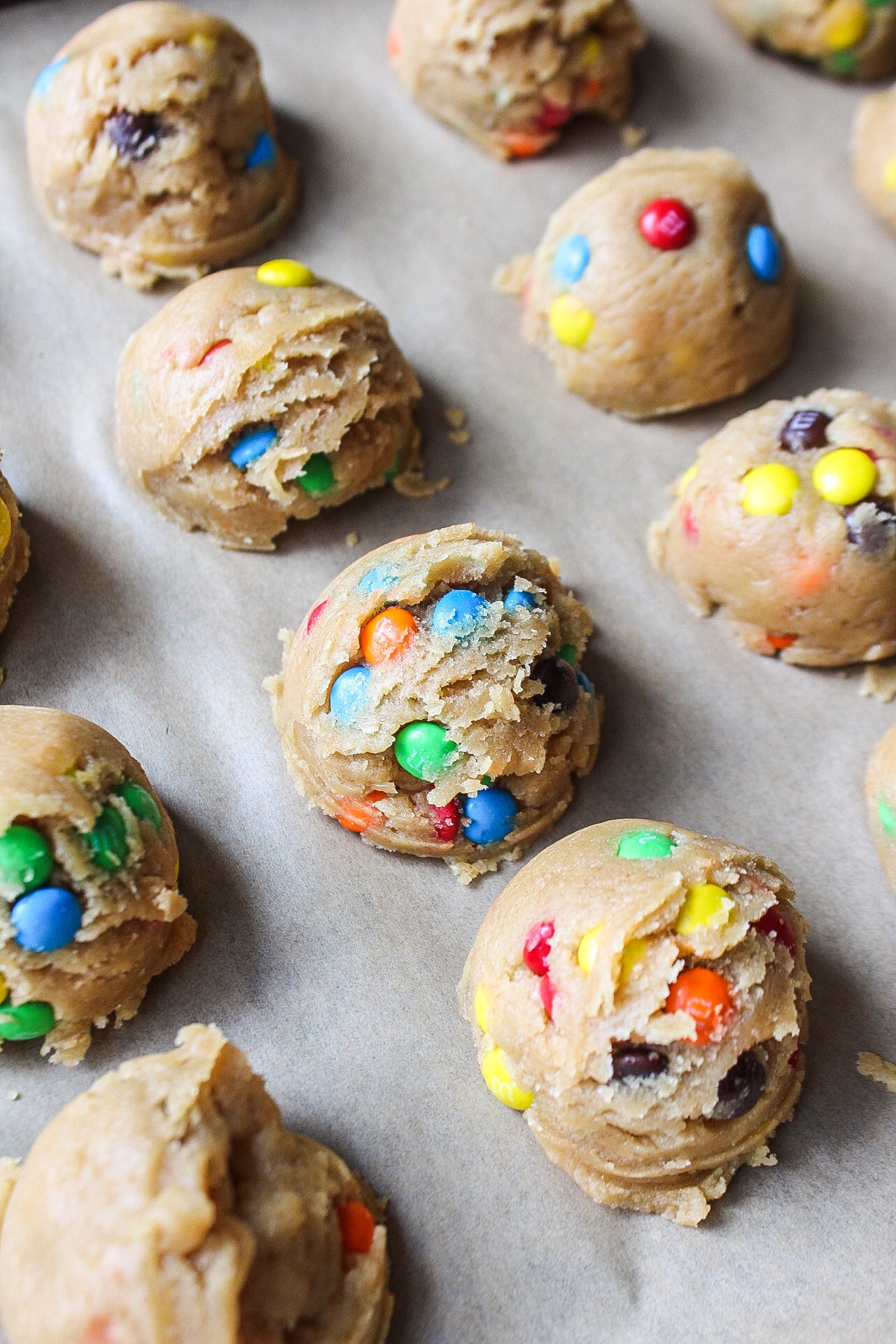 close up of a cookie with m&Ms inside