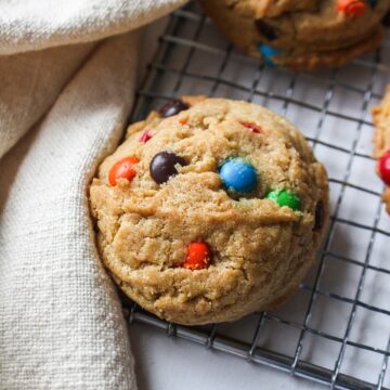 close up of a cookie with m&Ms inside