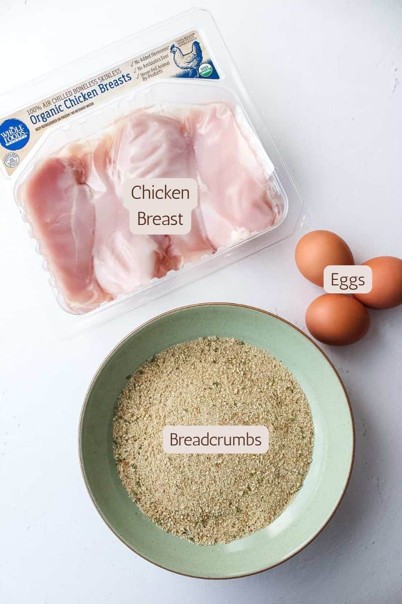 Three ingredients to make pan fried chicken cutlets.