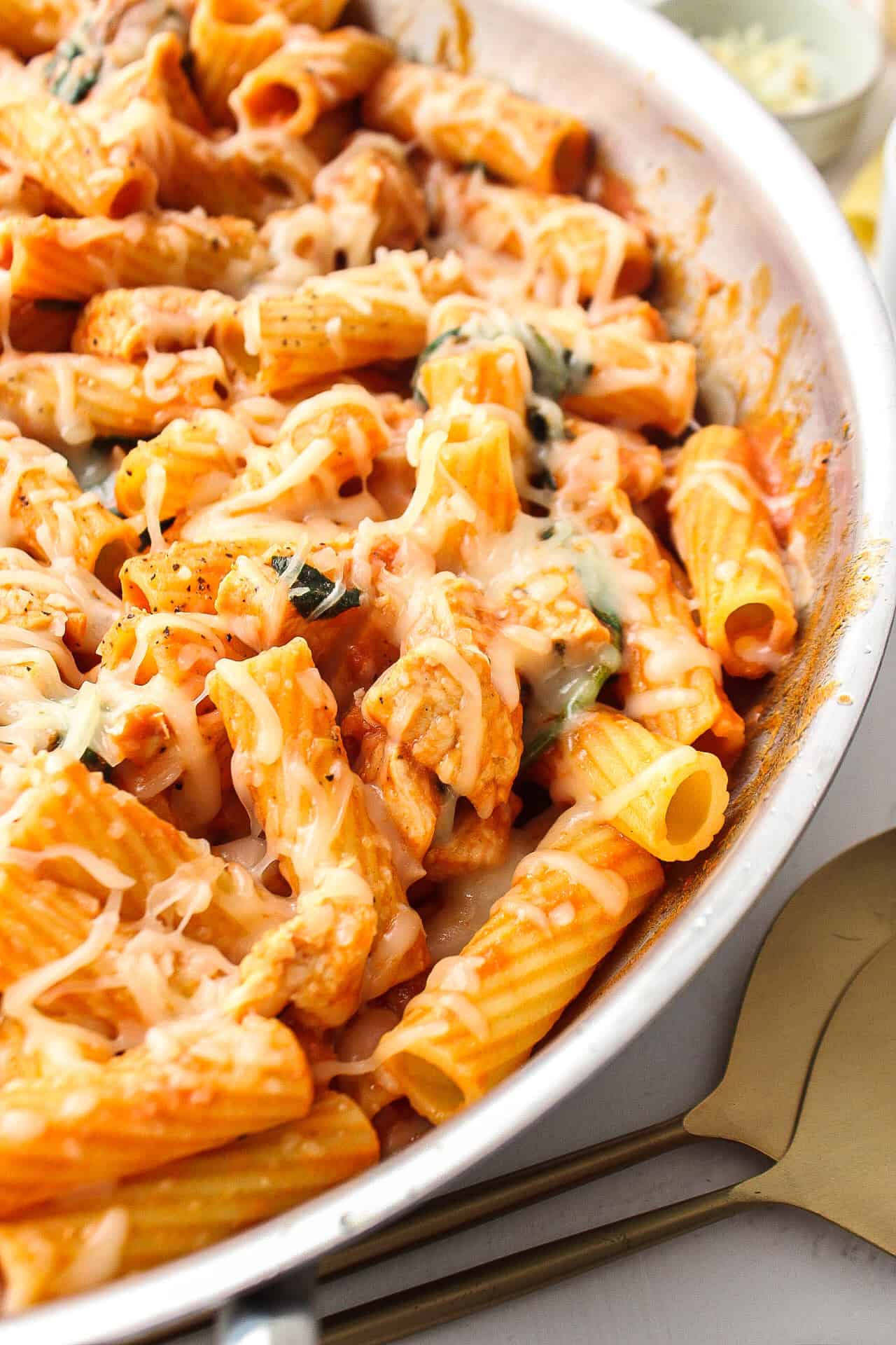 side angle shot of pasta in pan