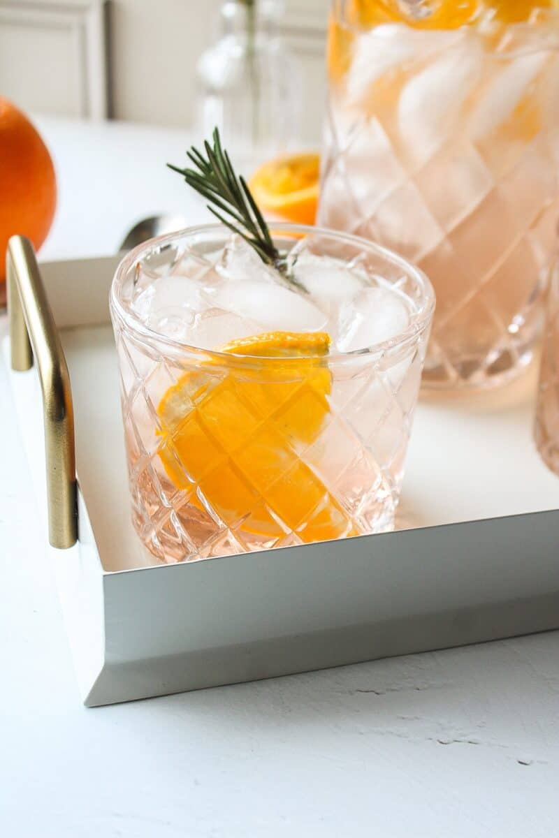 close up of rose sangria in a glass.