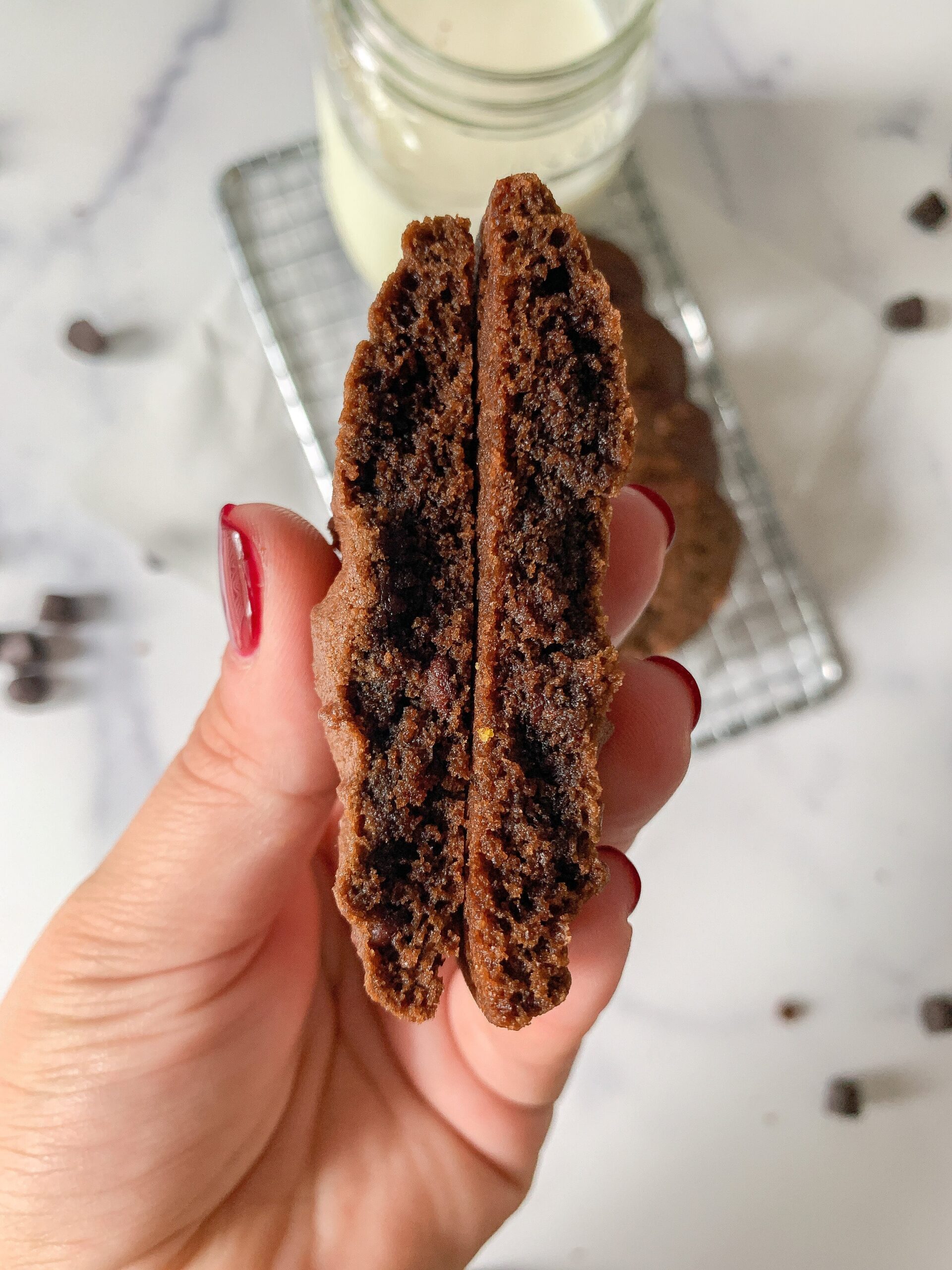 inside of a chocolate cookie held in a hand