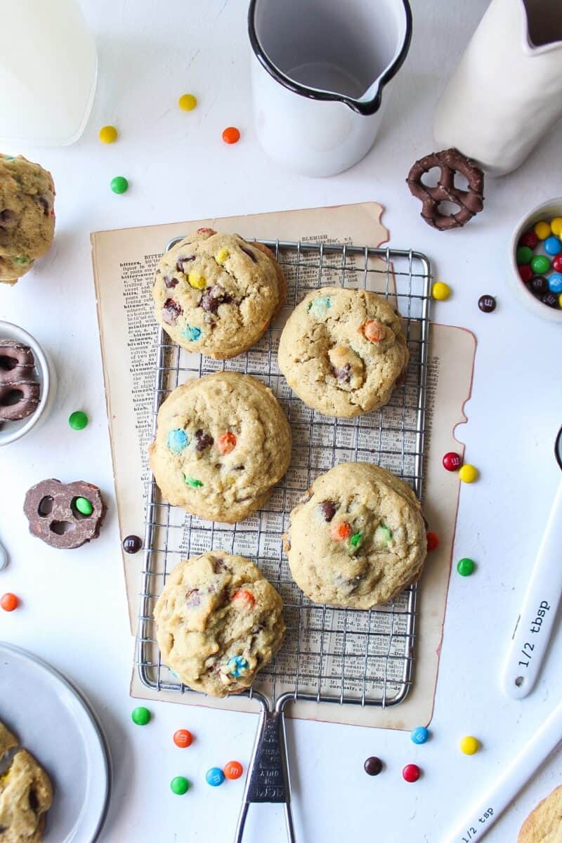 overhead shot of 5 triple threat cookies on wire rack