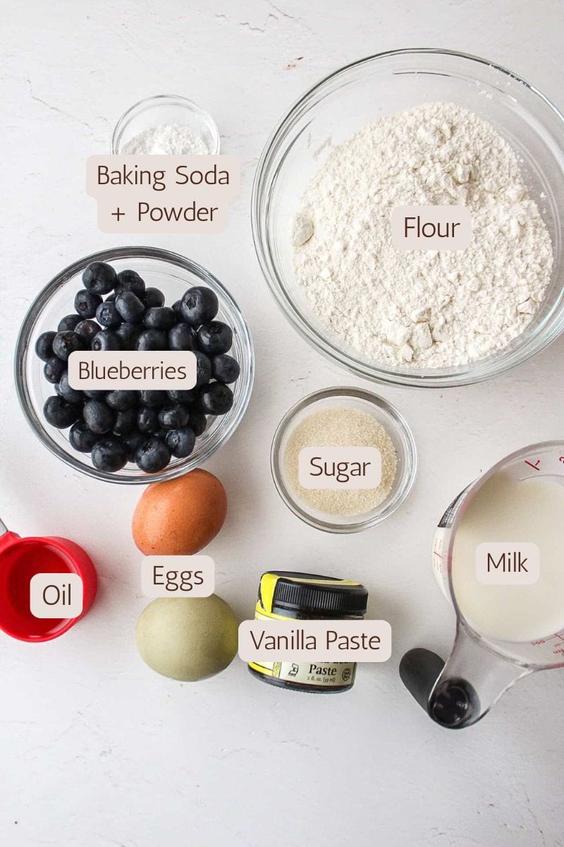 Ingredients to make fluffy belgian blueberry waffles.