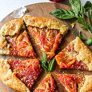 tomato pesto galette on a board