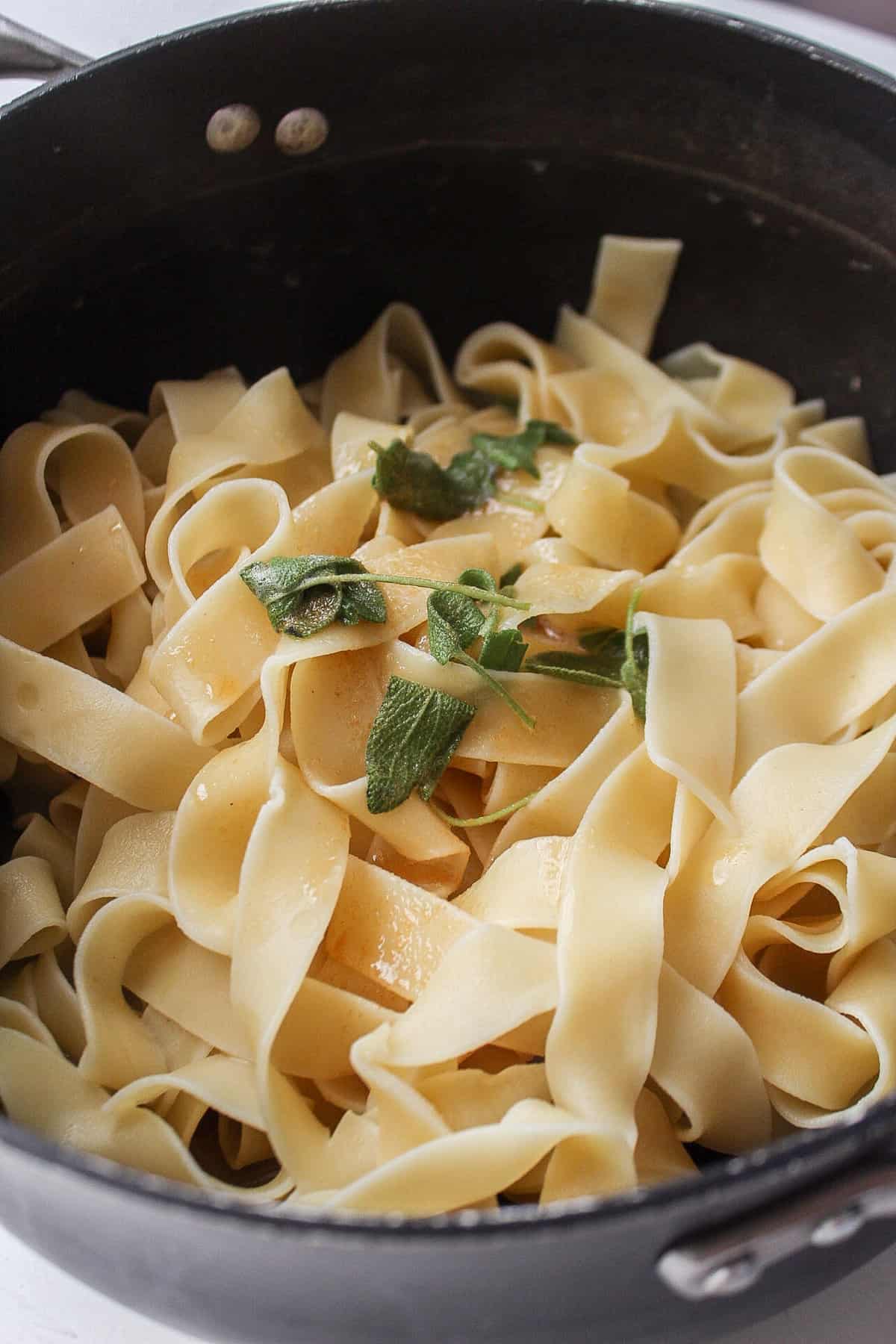 pasta with brown butter and sage in a pot
