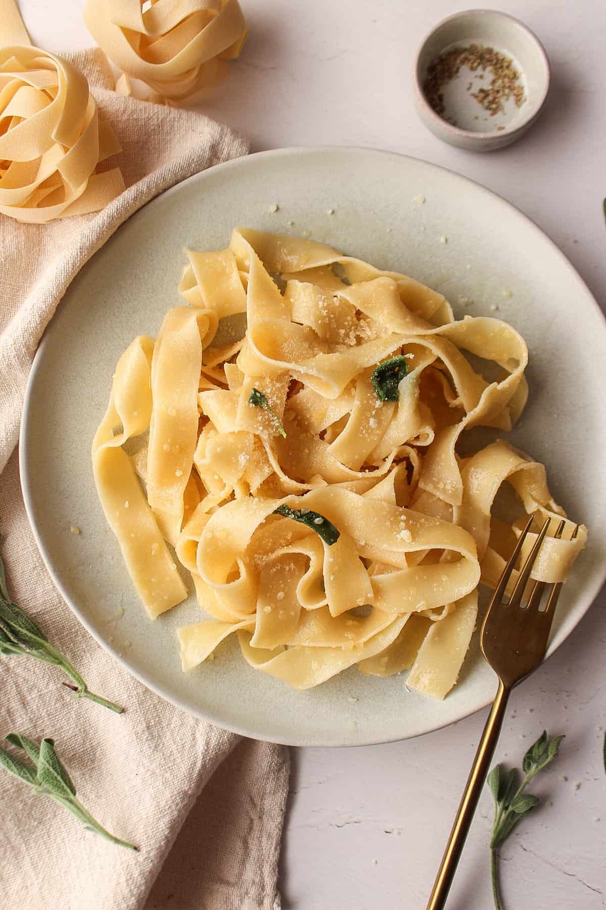 pasta with brown butter and sage on a plate
