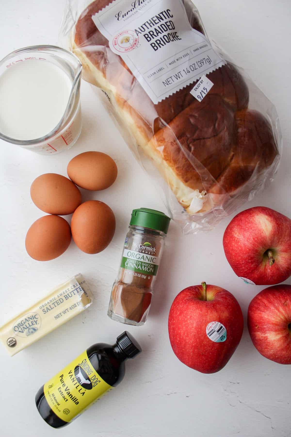 ingredients to make cinnamon apple french toast bake