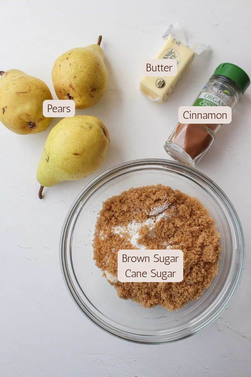 Ingredients to make a pear crumble recipe.