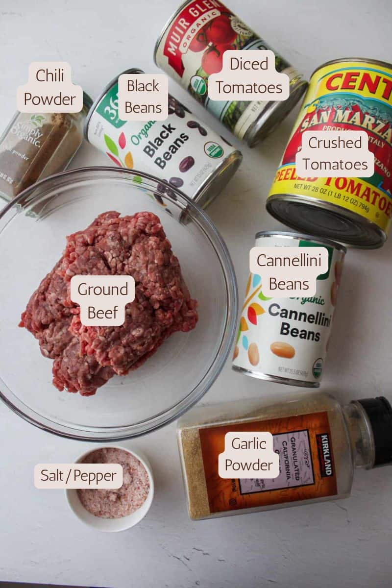 Ingredients to make a slow cooker beef and bean chili.
