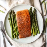 baked salmon and asparagus on a plate