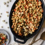 baked stuffing in a baking dish