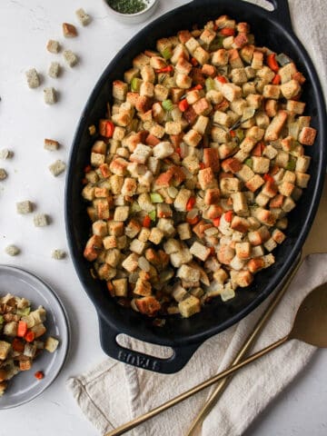 baked stuffing in a baking dish