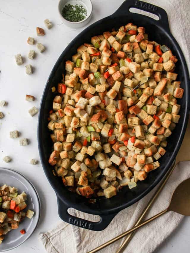 baked stuffing in a baking dish