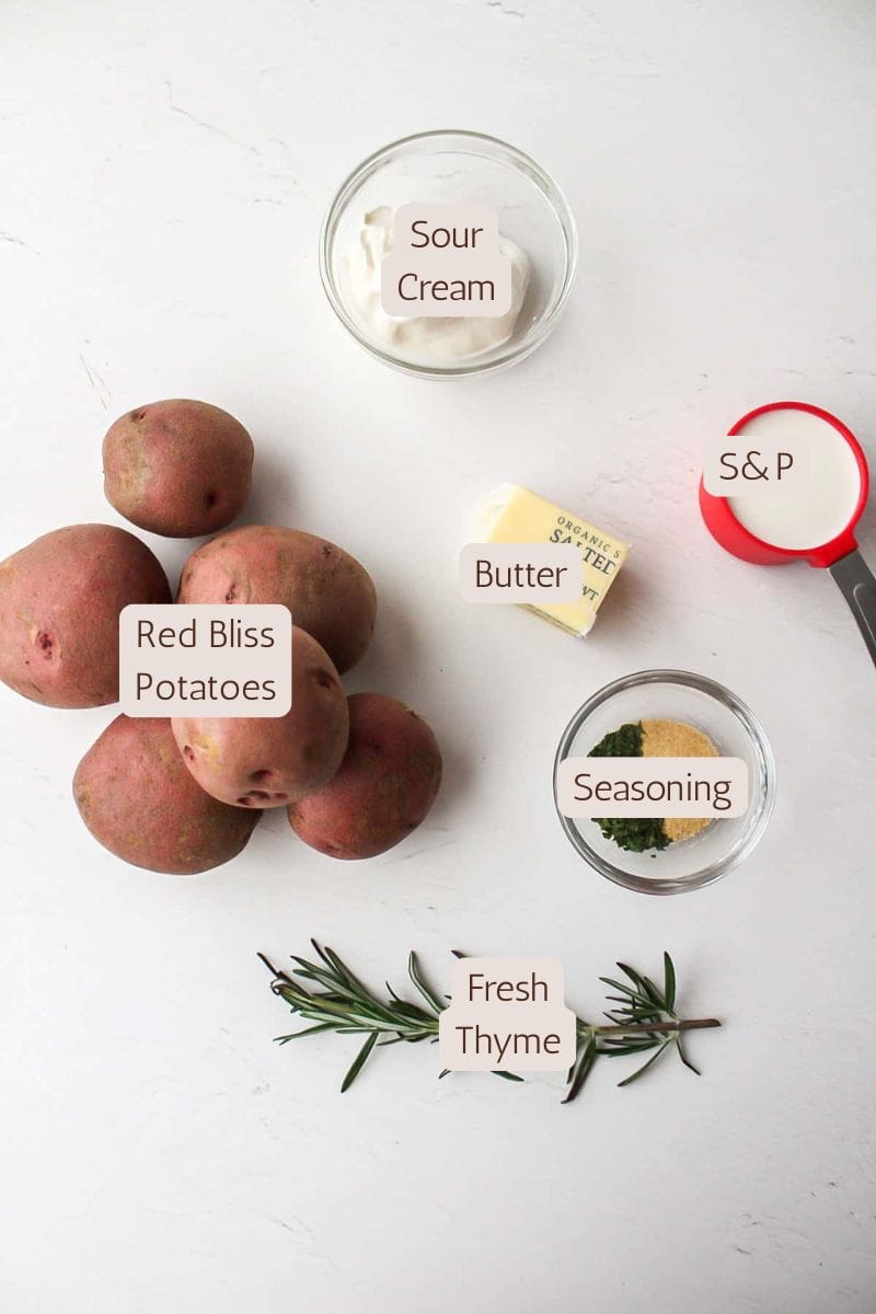 Ingredients to make garlic herb red bliss mashed potatoes.