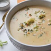 broccoli cheddar soup in a white bowl