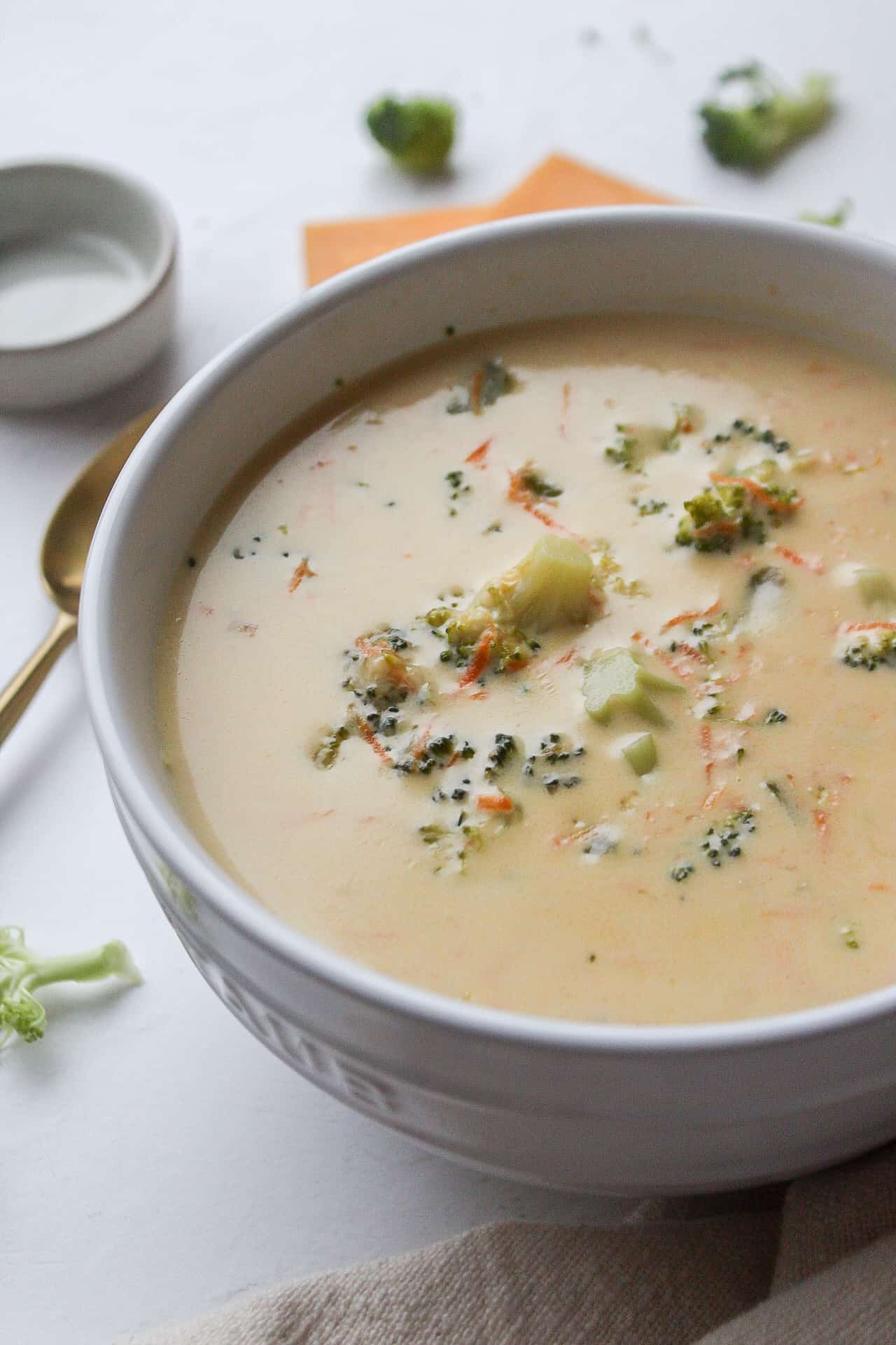 broccoli cheddar soup in a white bowl